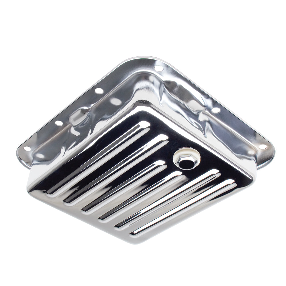 Ford-C-4-Chrome-Transmission-Pan;-Stock-Capacity;-Stock-Depth;-Finned-Bottom