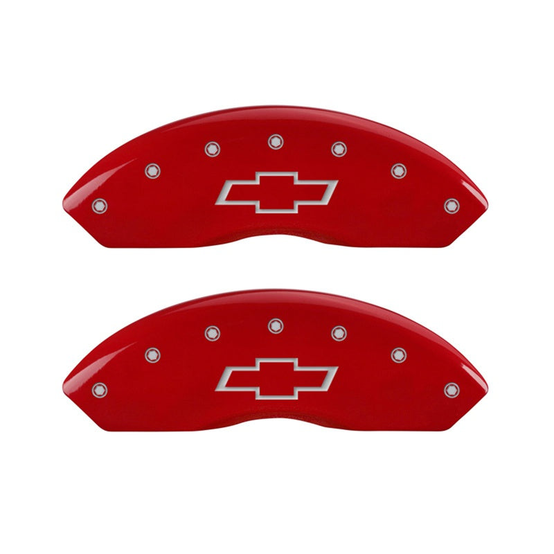 Front-Set-2-Caliper-Covers-Engraved-Front-Bowtie-Red-Finish-Silver-Ch