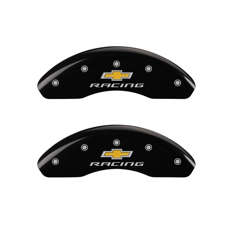 Front-Set-2-Caliper-Covers-Engraved-Front-Chevy-Racing-Black-Finish-Silver-Ch