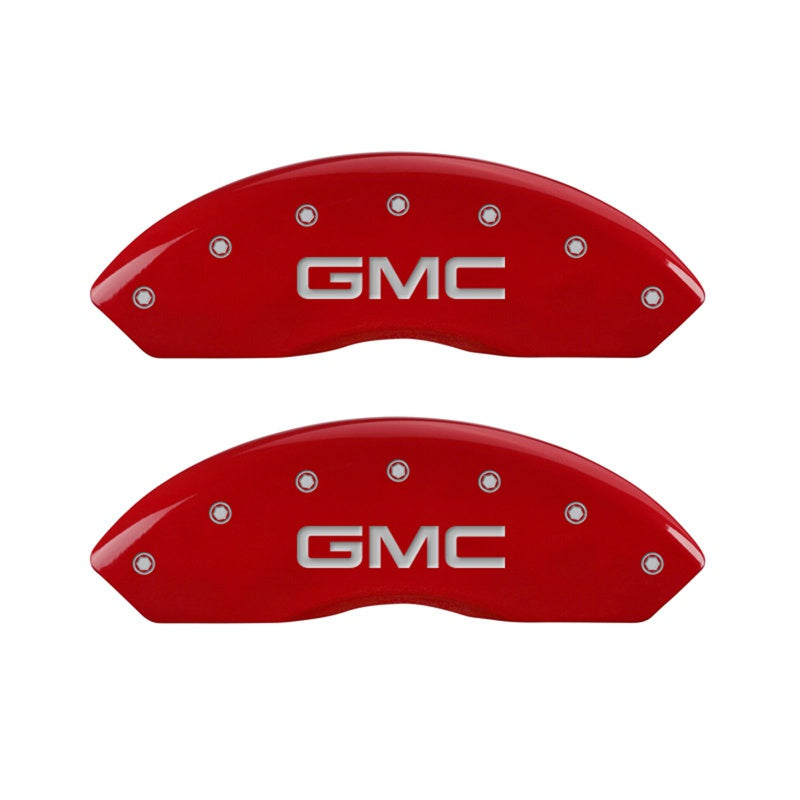 Front-Set-2-Caliper-Covers-Engraved-Front-Gmc-Red-Finish-Silver-Ch