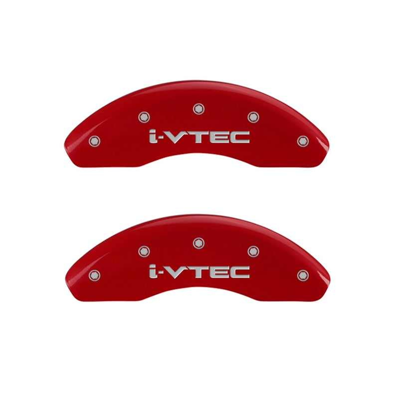 Front-Set-2-Caliper-Covers-Engraved-Front-I-Vtec-Red-Finish-Silver-Ch
