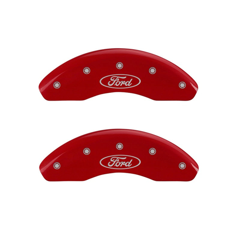 Front-Set-2-Caliper-Covers-Engraved-Front-Oval-LogoFord-Red-Finish-Silver-Ch