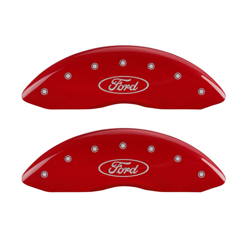 Front-Set-2-Caliper-Covers-Engraved-Front-Oval-LogoFord-Red-Finish-Silver-Ch