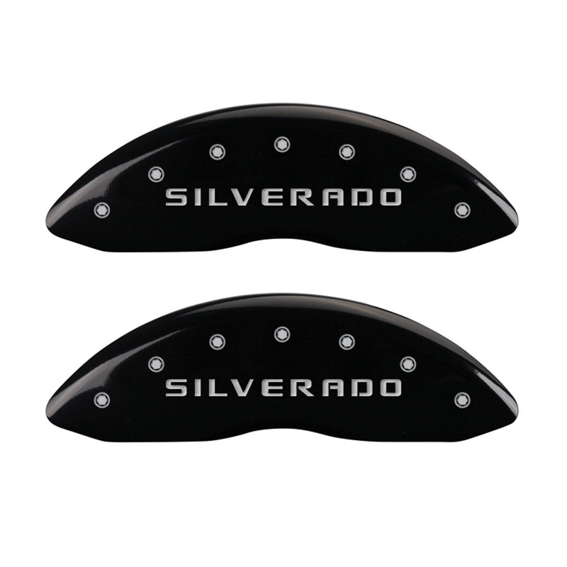 Front-Set-2-Caliper-Covers-Engraved-Front-Silverado-Black-Finish-Silver-Ch