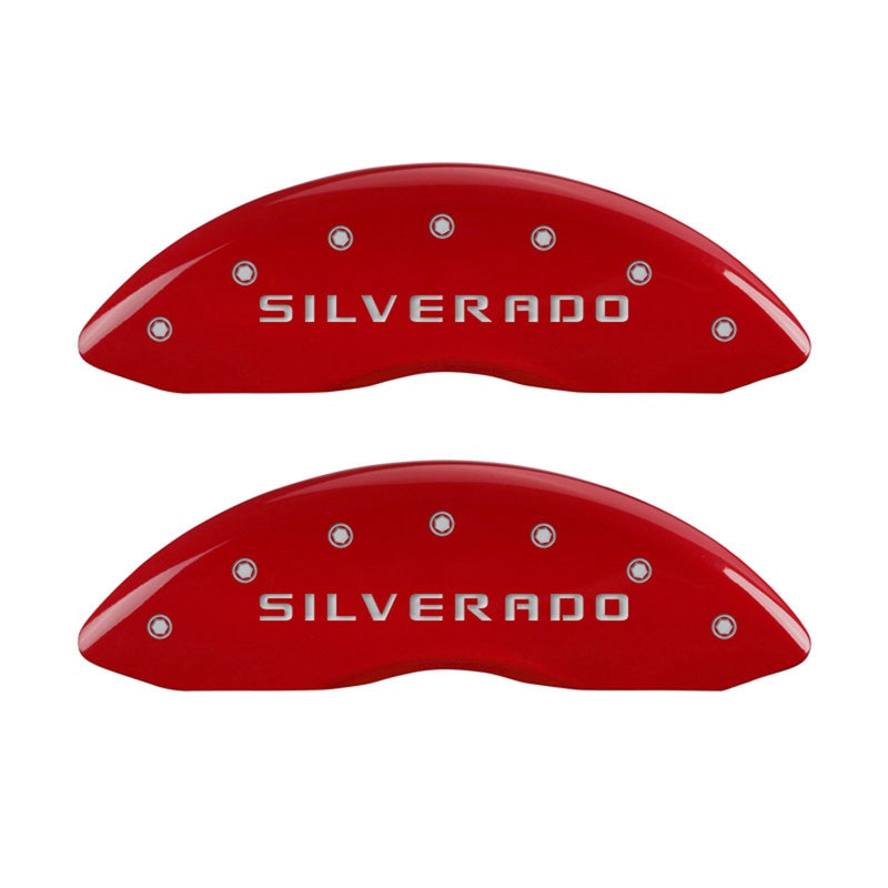Front-Set-2-Caliper-Covers-Engraved-Front-Silverado-Red-Finish-Silver-Ch