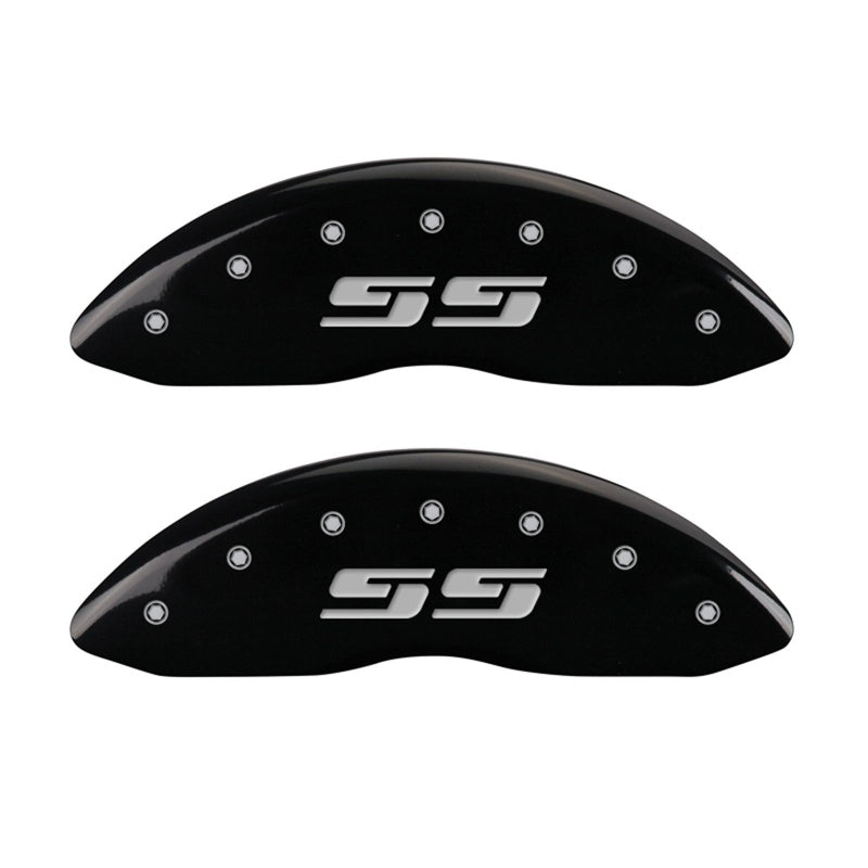 Front-Set-2-Caliper-Covers-Engraved-Front-Silverado-StyleSs-Black-Finish-Silver-Ch