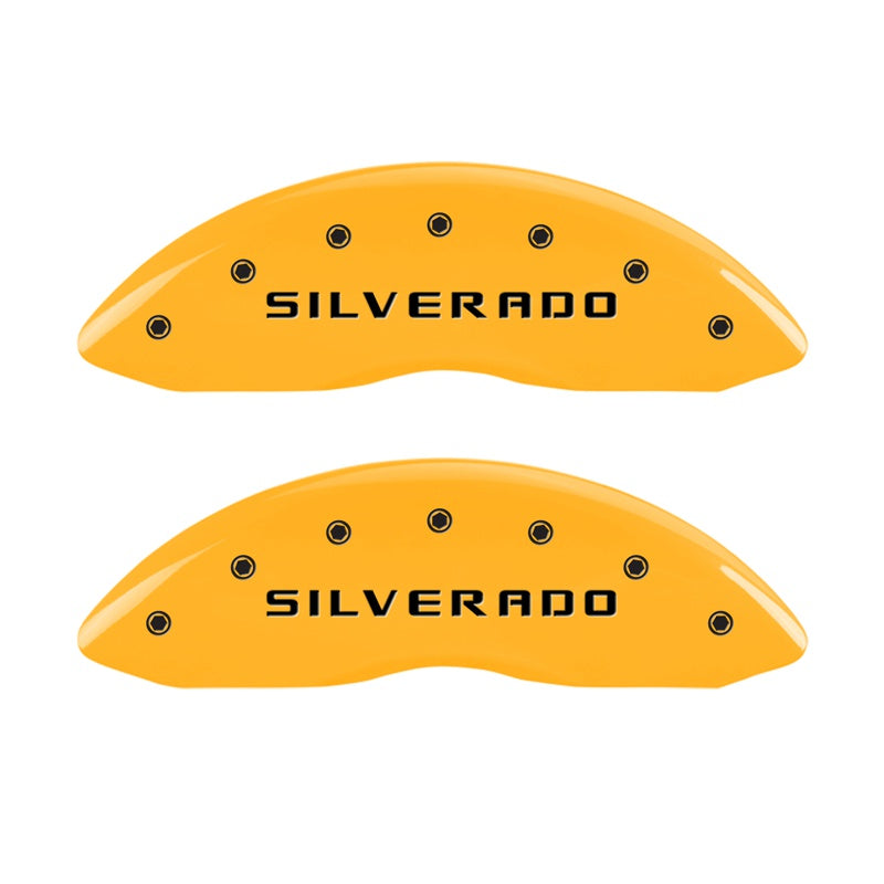 Front-Set-2-Caliper-Covers-Engraved-Front-Silverado-Yellow-Finish-Black-Ch