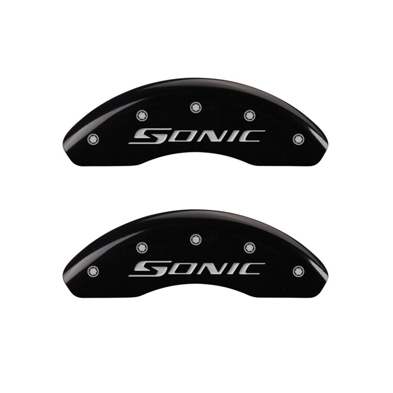 Front-Set-2-Caliper-Covers-Engraved-Front-Sonic-Black-Finish-Silver-Ch