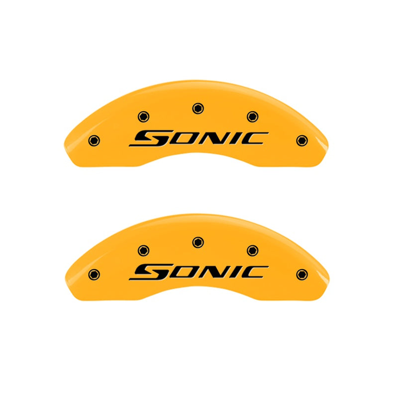 Front-Set-2-Caliper-Covers-Engraved-Front-Sonic-Yellow-Finish-Black-Ch