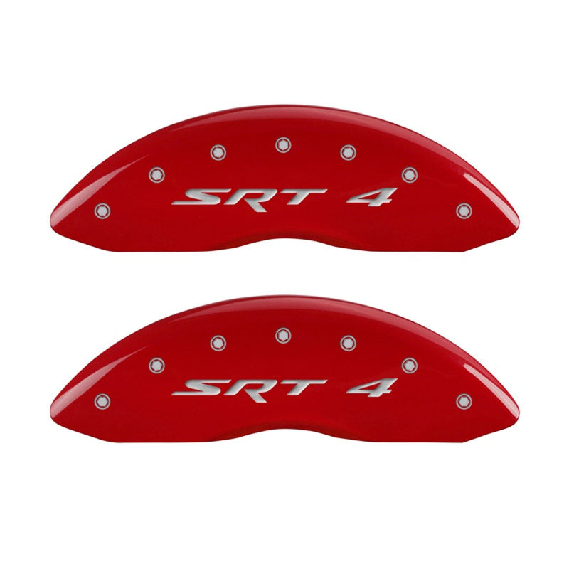 Front-Set-2-Caliper-Covers-Engraved-Front-Srt4-Red-Finish-Silver-Ch