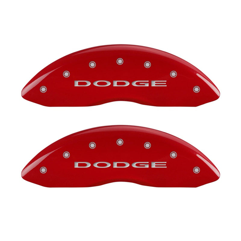 Front-Set-2-Caliper-Covers-Engraved-Front-With-Out-StripesDodge-Red-Finish-Silver-Ch