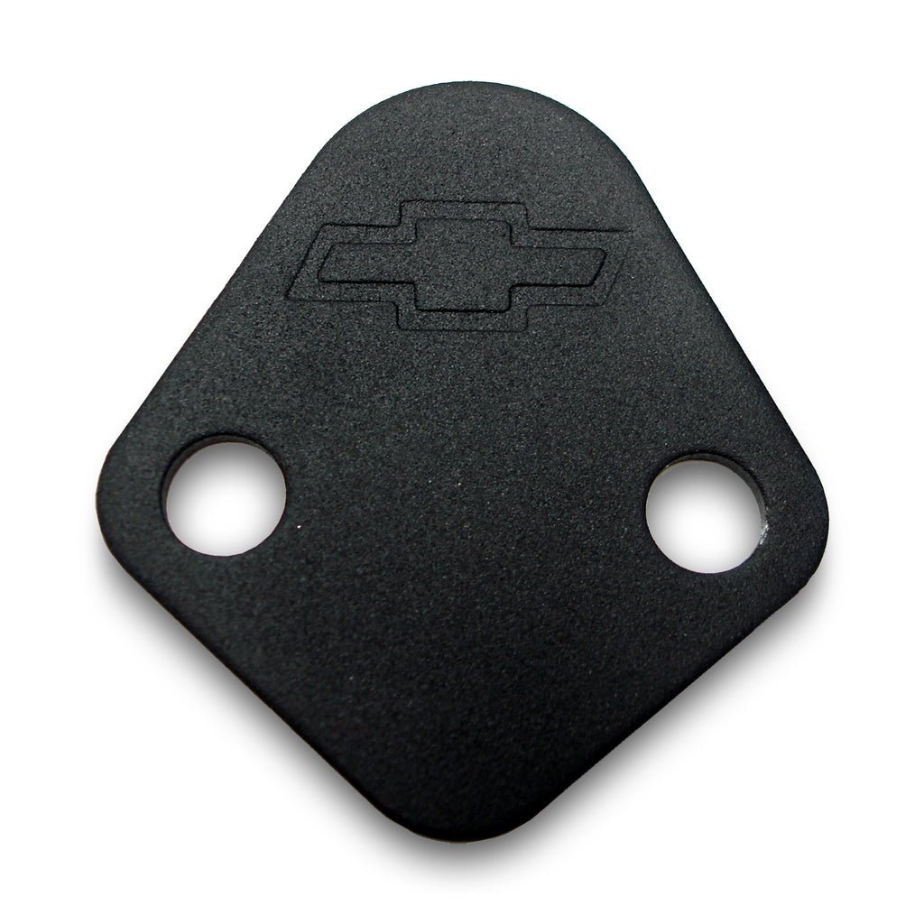 Fuel-Pump-Block-Off-Plate;-Blk-Crinkle-With-Bowtie;-Fits-Bb-Chevy-V8-Engines