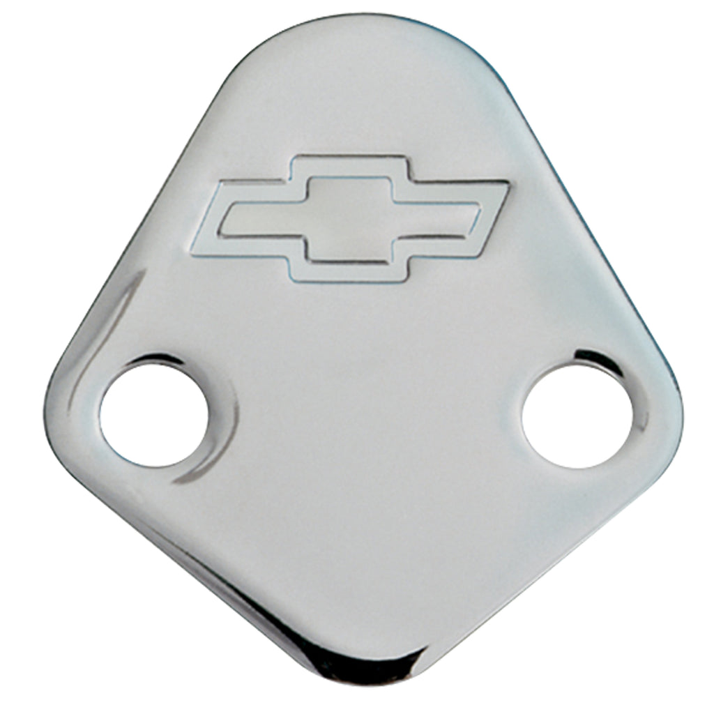 Fuel-Pump-Block-Off-Plate;-Chrome-With-Bowtie-Logo;-Fits-Bb-Chevy-V8-Engines