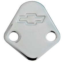 Load image into Gallery viewer, Fuel-Pump-Block-Off-Plate;-Chrome-With-Bowtie-Logo;-Fits-Bb-Chevy-V8-Engines