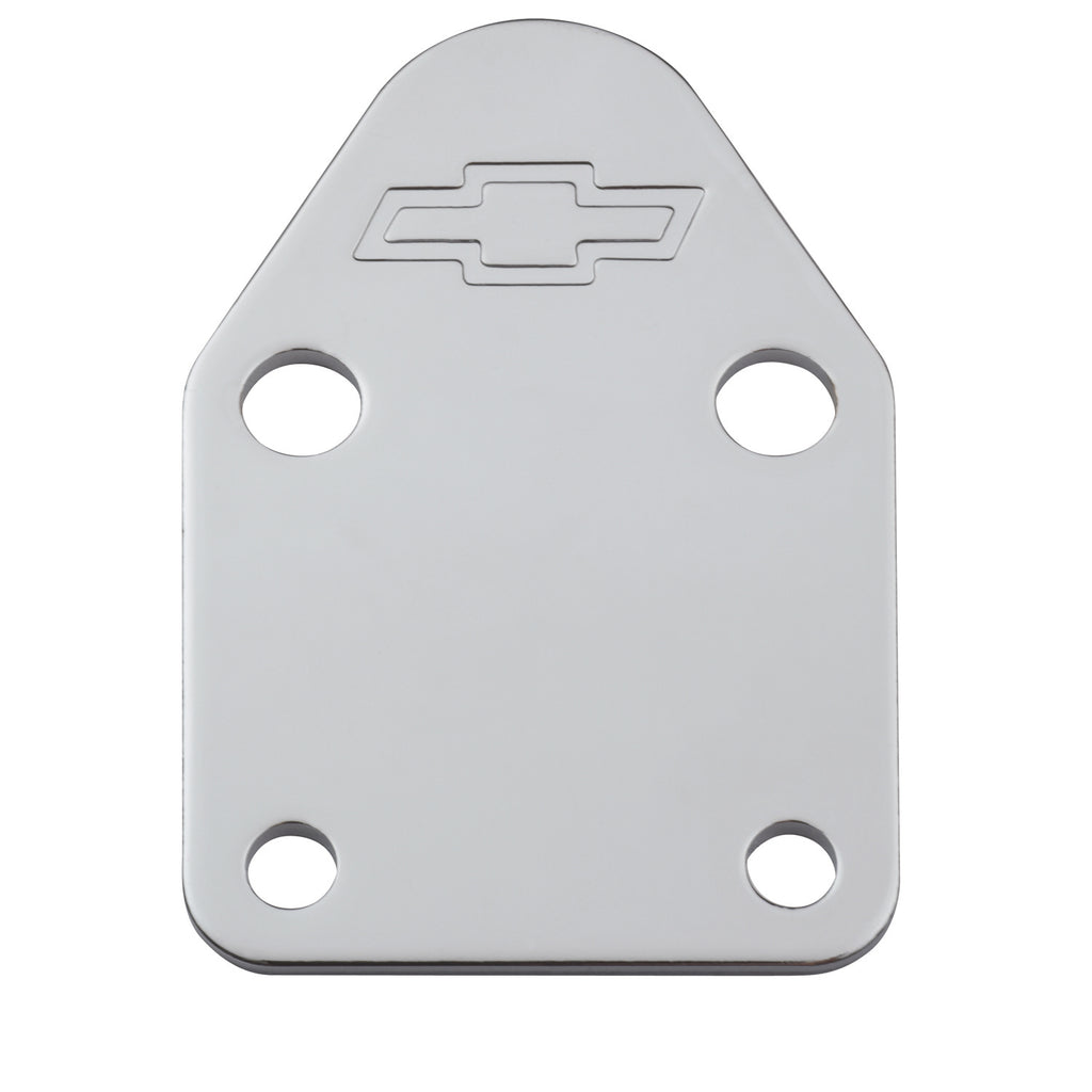 Fuel-Pump-Block-Off-Plate;-Chrome-With-Bowtie-Logo;-Fits-Sb-Chevy-V8-Engines