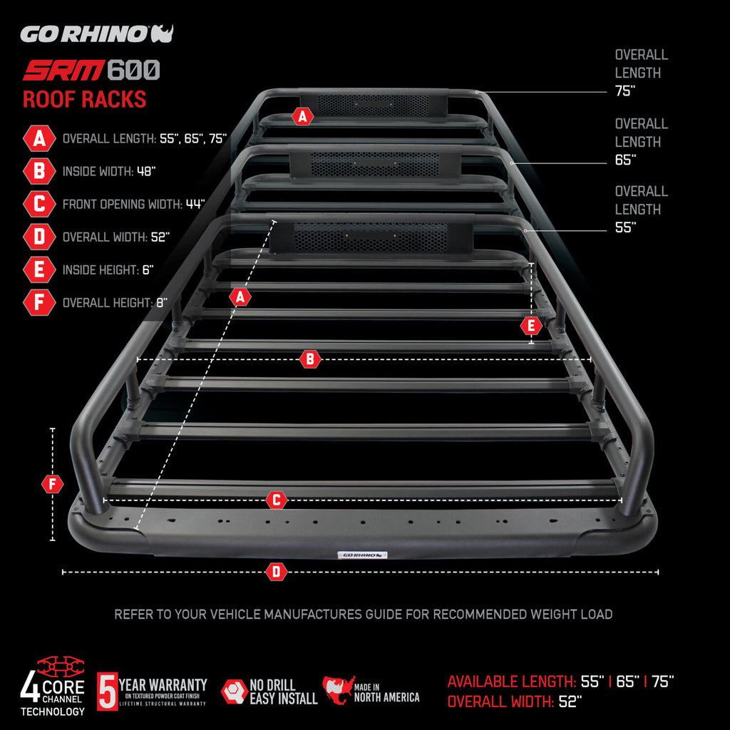 Go Rhino 5936075T SRM600 75" Long x 52" Wide Tubular Basket-Style Roof Rack