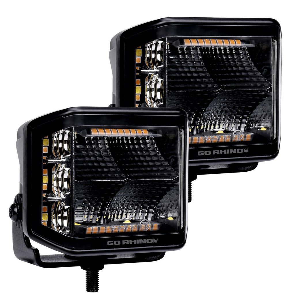 Go Rhino 750700322FCS Blackout Combo Series - SIDELINE 4x3 LED Cube Flood Lights, Pair, w/Amber LEDs