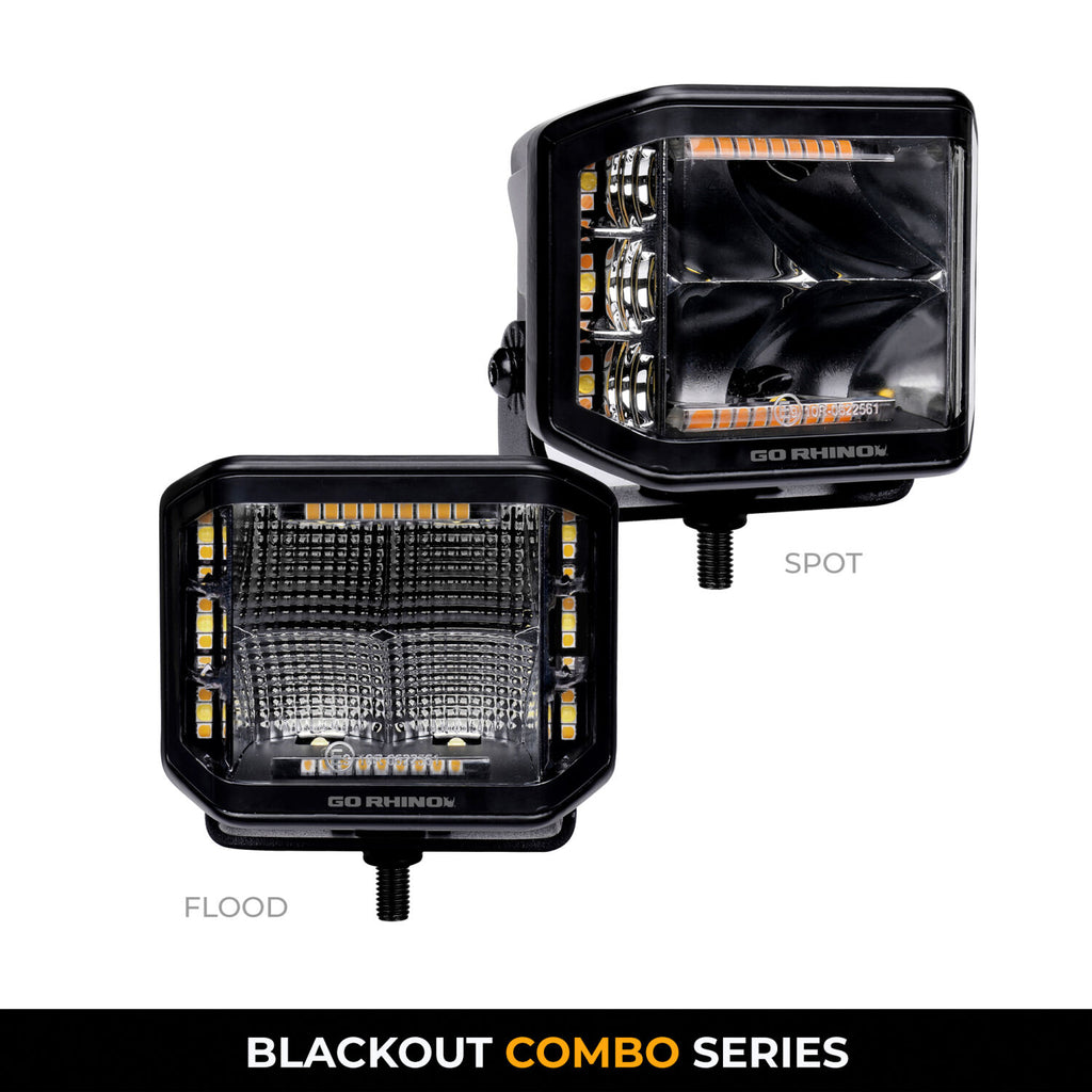 Go Rhino 750700322SCS Blackout Combo Series - SIDELINE 4x3 LED Cube Spot Lights, Pair, w/Amber LEDs