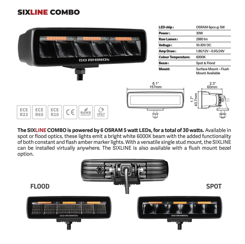 Go Rhino 750600622SBS Blackout Combo Series - SIXLINE 6-LED Spot Light Pods, Pair, w/Amber LEDs