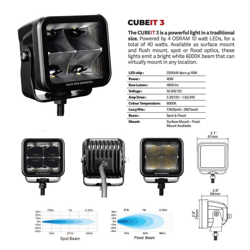 Go Rhino 750400321FCS Blackout Series - CUBEIT 3x3 LED Cube Flood Lights, Pair