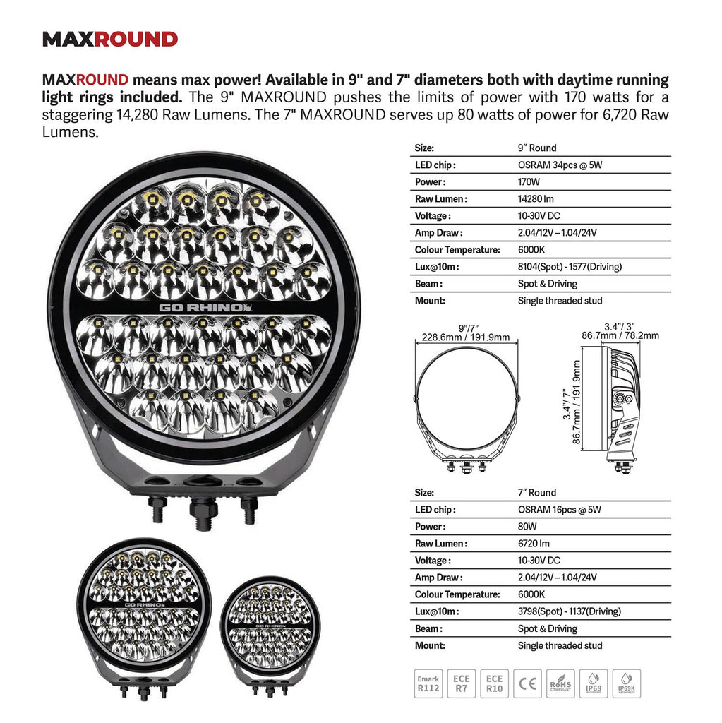 Go Rhino 751700911DRS Blackout Series - MAXROUND 9" Round LED Driving Light w/Daytime Running Lights for Select Chevrolet Suburban, Chevrolet Tahoe