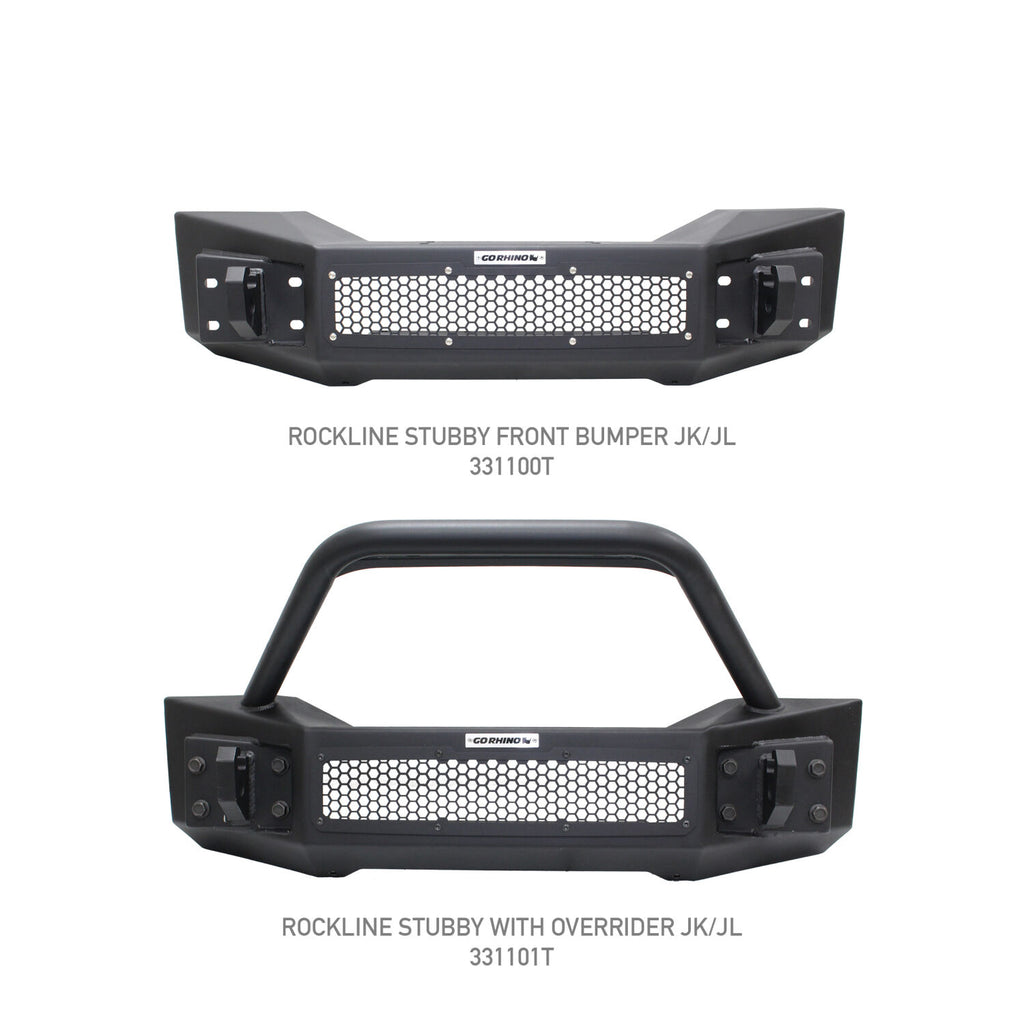 Go Rhino 331101T Rockline Winch-Ready Front Stubby Bumper With Overrider For Jeep for Select Jeep Gladiator, Jeep Wrangler, Jeep Wrangler JK
