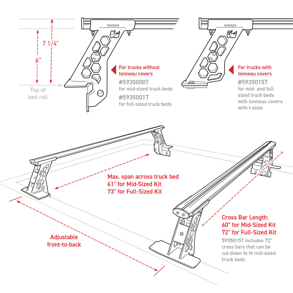Go Rhino 5935000T XRS Cross Bars - Truck Bed Rail Kit for Mid-Sized Trucks without Tonneau Covers for Select Chevrolet Colorado, Ford Maverick, Ford Ranger, GMC Canyon, Jeep Gladiator, Nissan Frontier, Toyota Tacoma