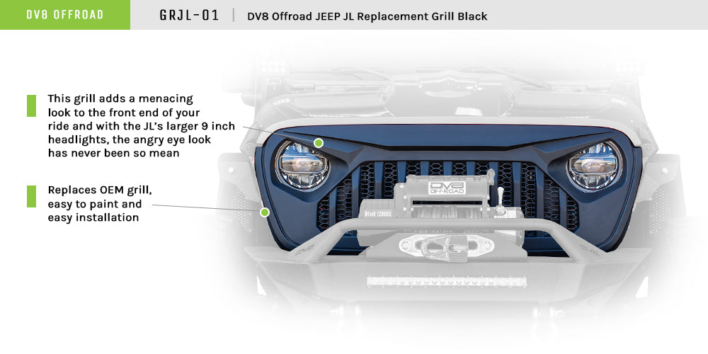DV8 Offroad GRJL-01 Replacement Grill; Black for Select Jeep Gladiator, Jeep Wrangler