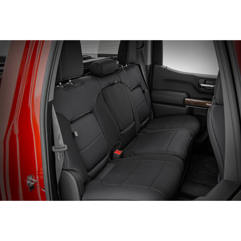 Gm-Neoprene-Seat-Covers-Front-And-Rear-W-Back-Storage-Black-19-21-Chevrolet-Silverado-1500-Rough-Country