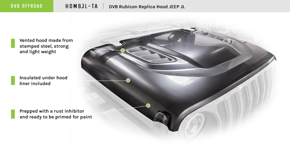 DV8 Offroad HDMBJL-TA Hood; Rubicon Replica for Select Jeep Gladiator, Jeep Wrangler