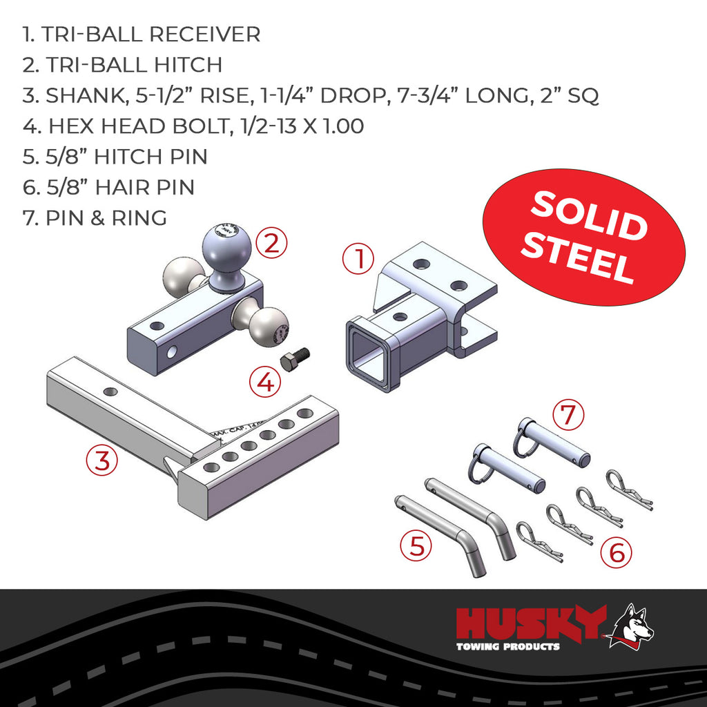 Husky Towing 30001 Fits 2" Recvr 2000-10000-14000 Gross Chr 1-7/8" & 2" & 2-5/16" Adjustable Black