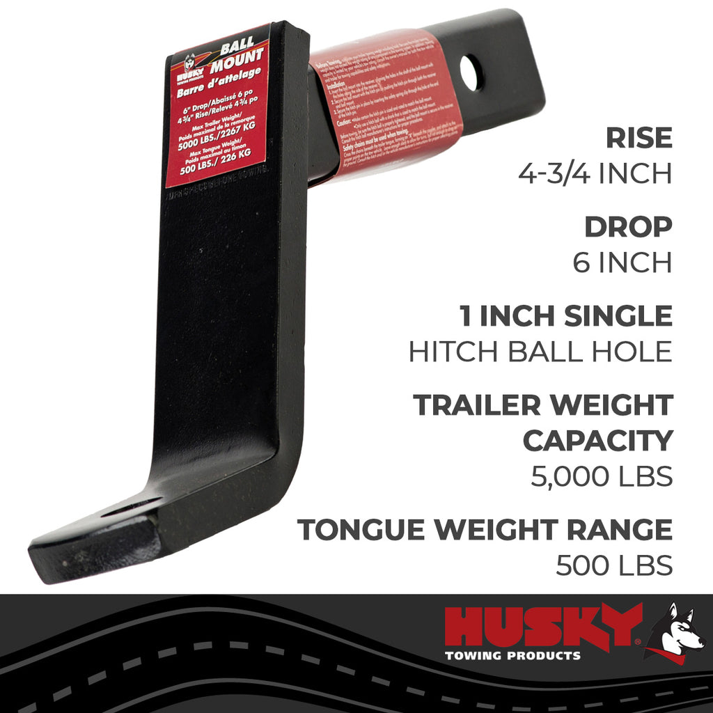 Husky Towing 31363 Fits 2" Recvr 5K Gross Wt 6" Drop/4-3/4" Rise 11-1/2" Shank Lgth W/O Ball Steel