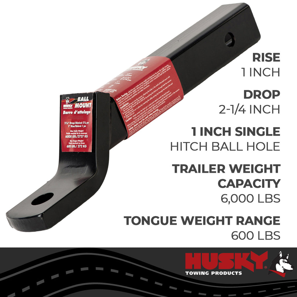 Husky Towing 31369 Fits 2" Recvr 6K Gross Wt 2-1/4" Drop/1" Rise 12" Shank Length 1" Ball Shank Dia