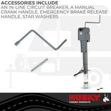 Load image into Gallery viewer, Husky Towing 87248 Elect 3000 LB Cap 18" Travel With 6" Drop Down Leg 3 St&amp; LEDS W/O Remote Slvr