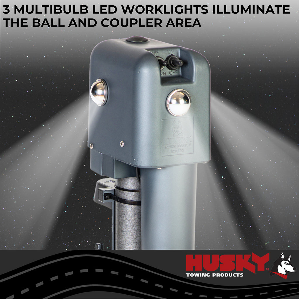 Husky Towing 87248 Elect 3000 LB Cap 18" Travel With 6" Drop Down Leg 3 St& LEDS W/O Remote Slvr