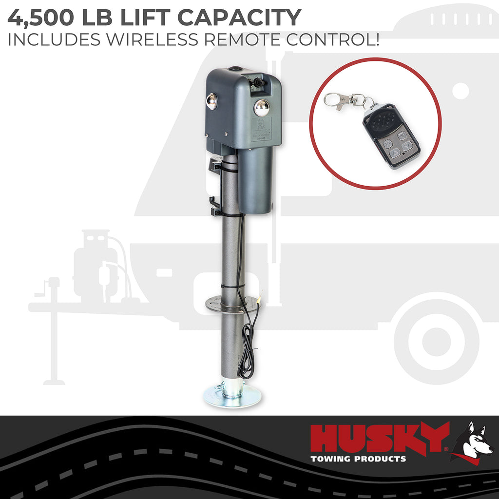 Husky Towing 87641 Elect 4500 LB Cap 18" Travel With 6" Drop Down Leg 3 St& LEDS With Remote Slvr
