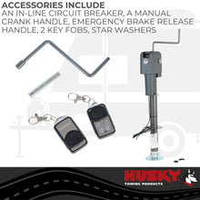 Load image into Gallery viewer, Husky Towing 87641 Elect 4500 LB Cap 18" Travel With 6" Drop Down Leg 3 St&amp; LEDS With Remote Slvr