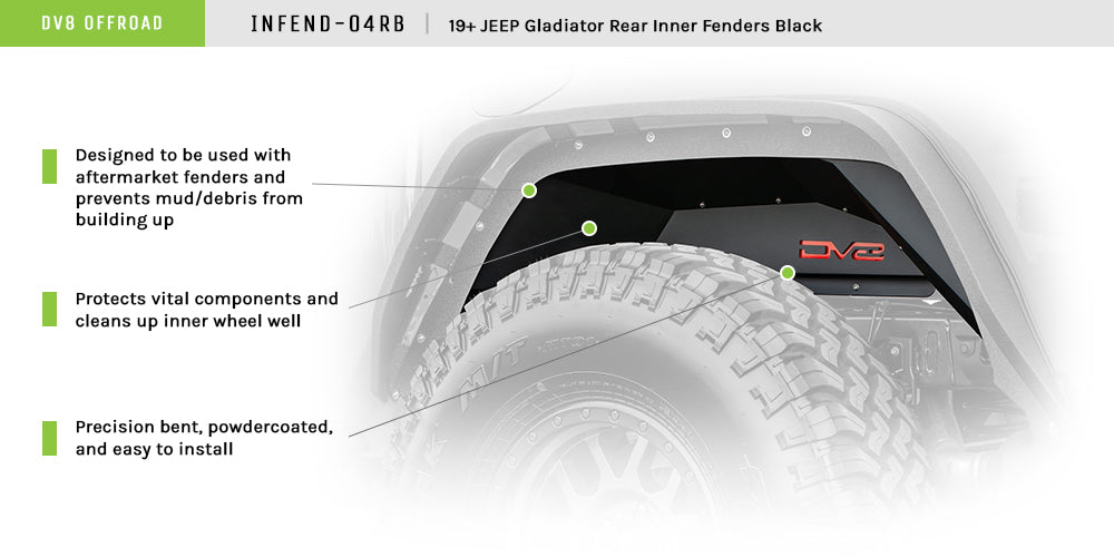 DV8 Offroad INFEND-04RB Inner Fender; Rear; Black for Select Jeep Gladiator