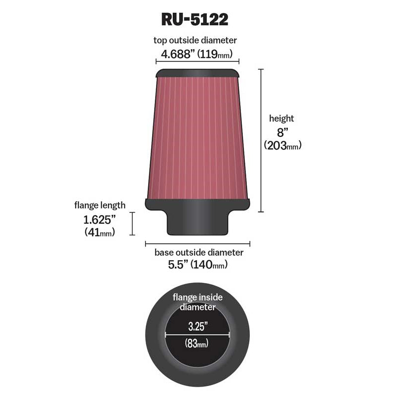 KN-Filter-Universal-Rubber-Filter-3.25-Flange-5.5-Base-4.6875-Top-8-Height