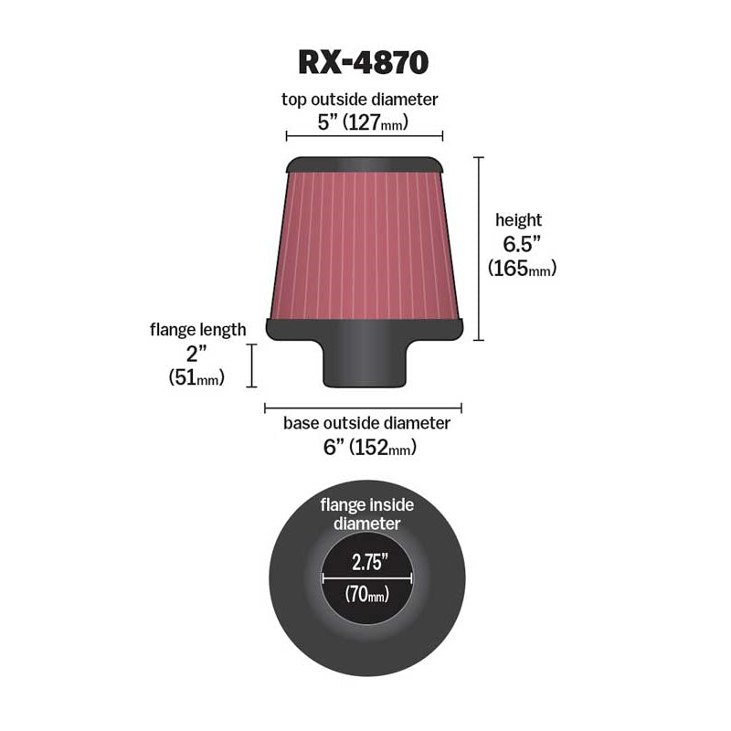 KN-Filter-Universal-X-Stream-Clamp-On-2-34-Inch-Flange-6-Inch-Base-5-Inch-Top-6-12-Inch-Height