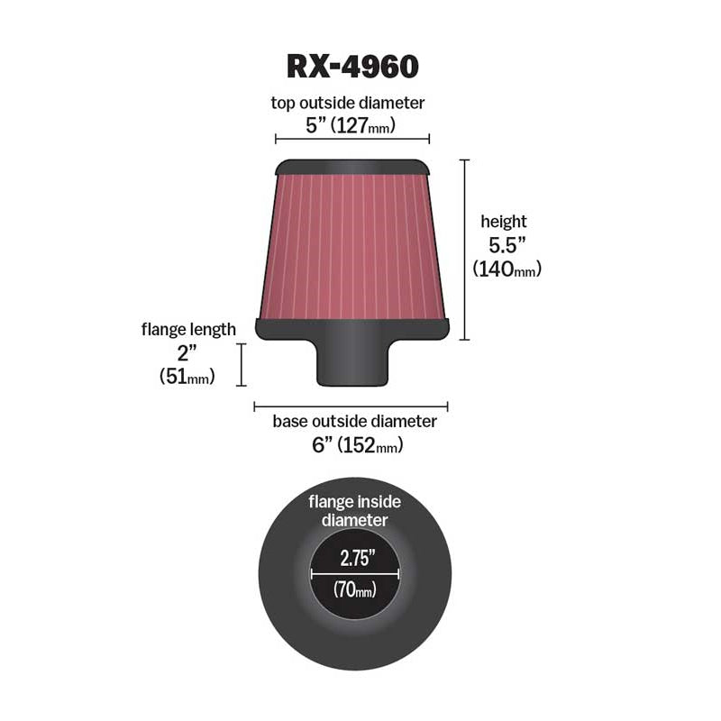 KN-Filter-Universal-X-Stream-Clamp-On-2.75In-Flange-Id--6In-Base-Od--5In-Top-Od--5.5In-Height