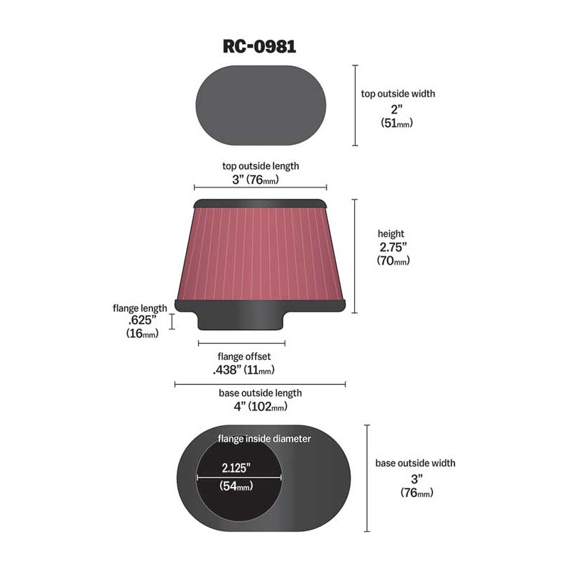 KN-Uni-Chrome-Oval-Tapered-Filter-2.125In-Flgid-X-4Inb-Ol-X-3Inb-Ow-X-3Int-Ol-X-2Int-Ow-X-2.75In-H