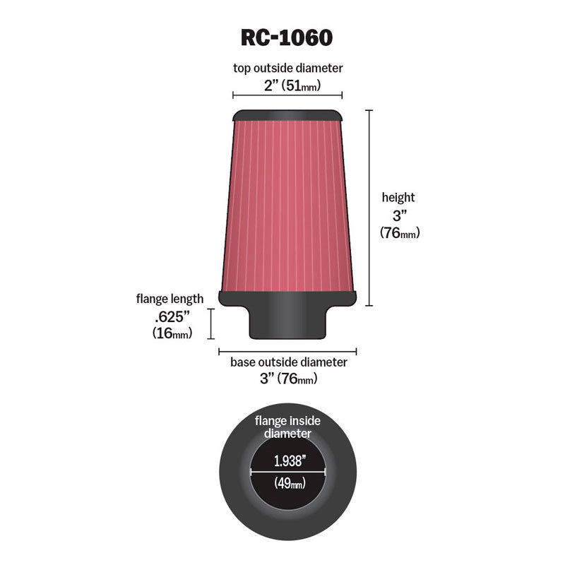 KN-Universal-Chrome-Filter-1-1516-Inch-Flg--3-Inch-Base--2-Inch-Top--3-Inch-Height