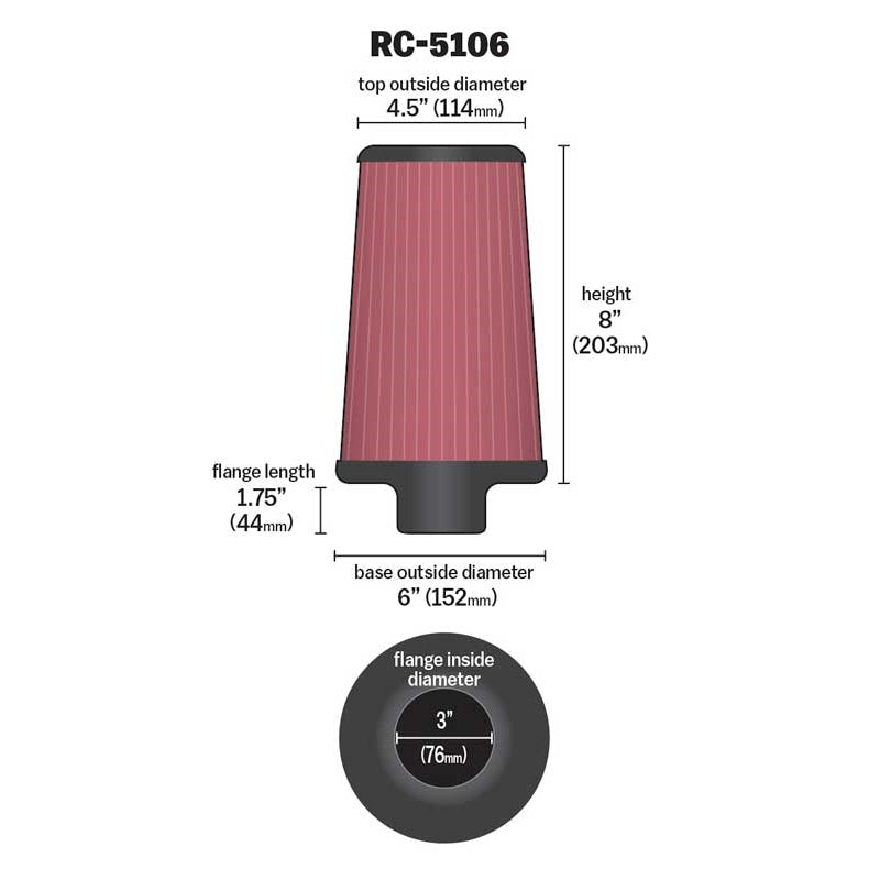 KN-Universal-Chromeround-Tapered-Air-Filter-3In-Flange-Id--6In-Base-Od--4.5In-Top-Od--8In-Height