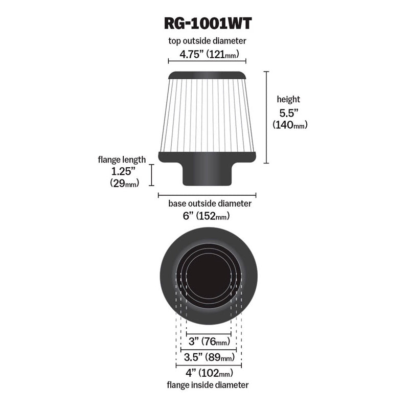 KN-Universal-Filter-Chrome-Round-Tapered-White---4In-Flange-Id-X-1.125In-Flange-Length-X-5.5In-H