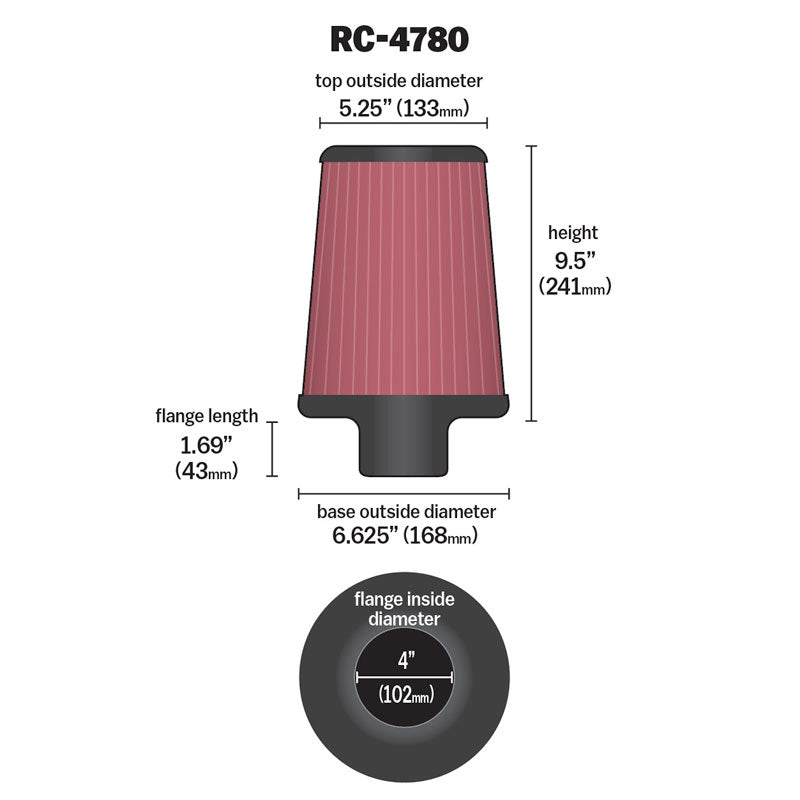 KN-Universal-Filter-Round-Tapered-4In-Flangeid--6.625In-Base-Od--5.25In-Top-Od--9.5In-Height