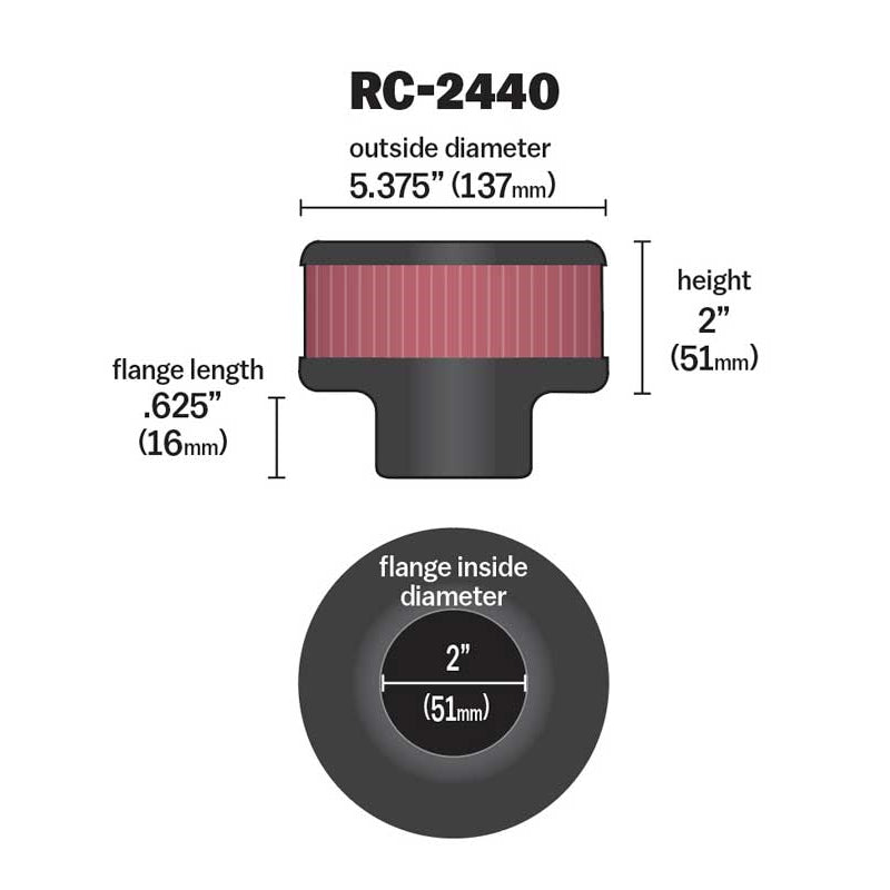 KN-Universal-Round-Clamp-On-Air-Filter-2In.-Flange--5-38In.-Od--2In.-Height
