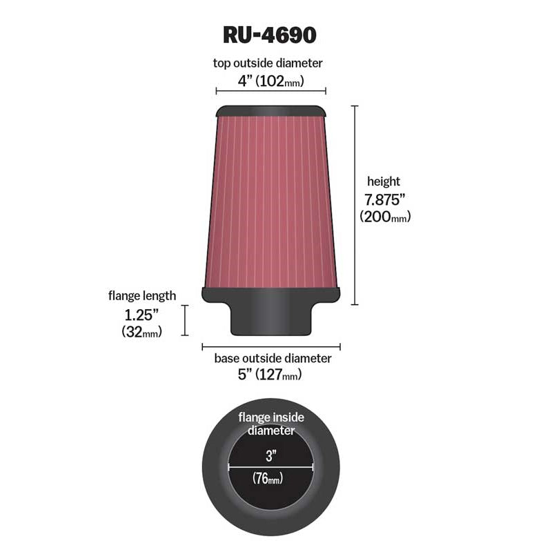 KN-Universal-Round-Tapered-Filter-3-Inch-Flg--5-Inch-Bottom--4-Inch-Top--7-78-Inch-Height