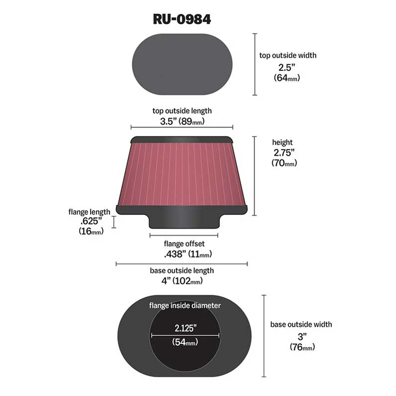 KN-Universal-Rubber-Filter-2.125In-Flange-Id3In-X-4In-Tapered-Oval2.75In-Height-(4-Filters)