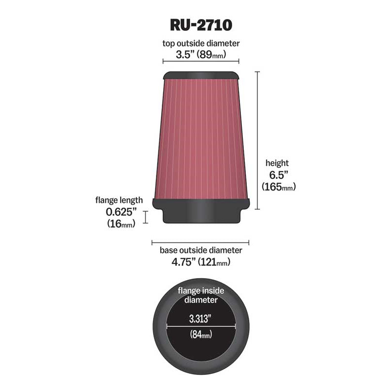 KN-Universal-Rubber-Filter-Round-Tprd-3.313In-Flange-Id-X-4.75In-Base-Od-X-3.5In-Top-Od-X-6.5In-H